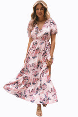 Pink Floral Puff Sleeve High Waist Maxi Dress