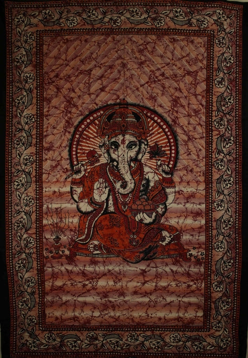 Red Ganesha Holding Lotus Flower In Batik Style Tie Dye Tapestry