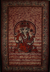 Red Ganesha Holding Lotus Flower In Batik Style Tie Dye Tapestry