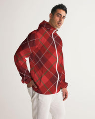 Mens Hooded Windbreaker - Red Tartan Plaid Water Resistant Jacket