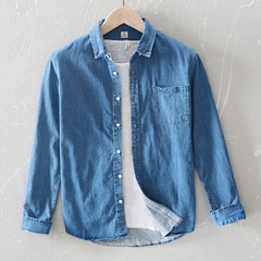 100% Cotton Men's Denim Shirts Autumn Thin Fashion Light Blue Long