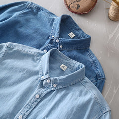 100% Cotton Men's Denim Shirts Autumn Thin Fashion Light Blue Long