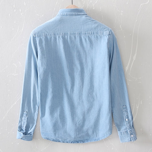 100% Cotton Men's Denim Shirts Autumn Thin Fashion Light Blue Long