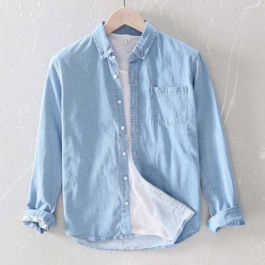 100% Cotton Men's Denim Shirts Autumn Thin Fashion Light Blue Long