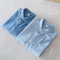 100% Cotton Men's Denim Shirts Autumn Thin Fashion Light Blue Long