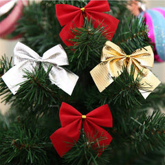 12pcs Red Christmas Bows Hanging Decorations Gold Silver Bowknot Gift