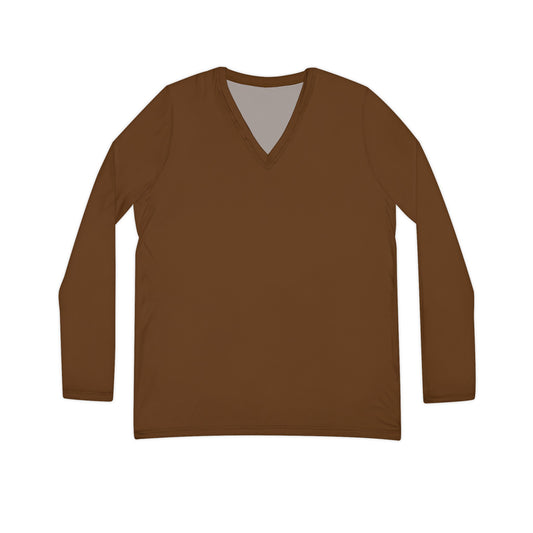 Women's Long Sleeve Brown V-neck Shirt (AOP)