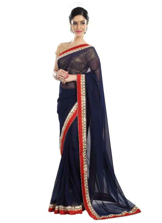 Generic Women's Chiffon Saree (Navy Blue, 5-6