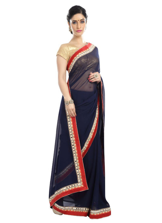 Generic Women's Chiffon Saree (Navy Blue, 5-6
