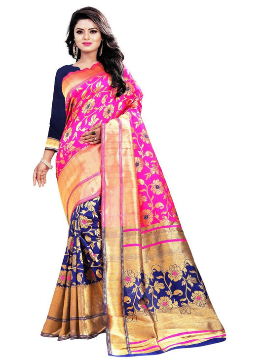 Pink,Bule Color Jacquard Saree with Blouse