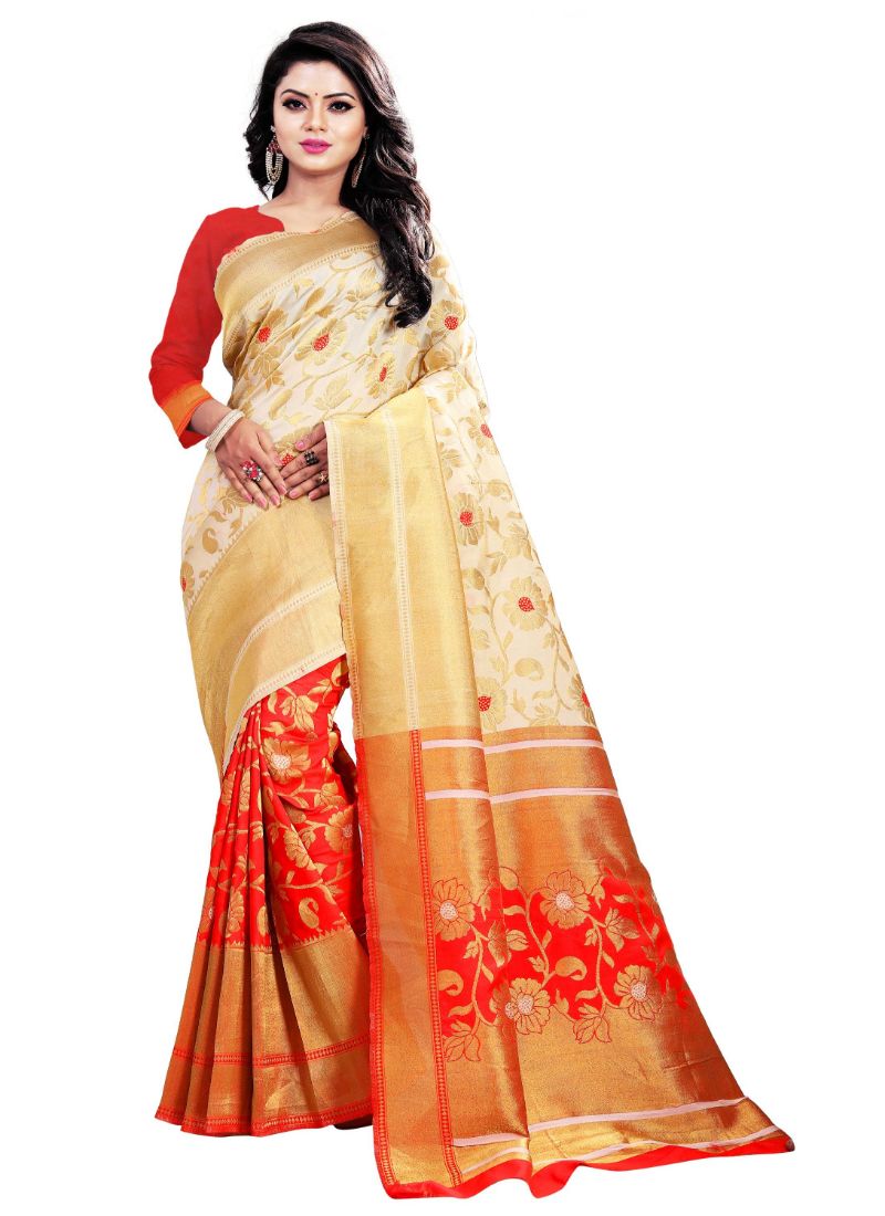 White,Red Color Jacquard Saree with Blouse