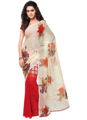 Printed Faux Georgette Red Color Saree