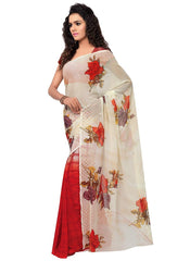 Printed Faux Georgette Red Color Saree