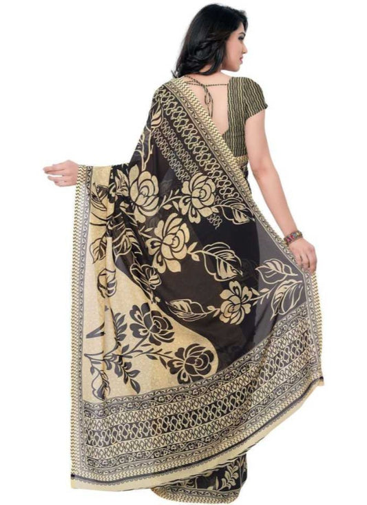 Printed Faux Georgette Black Color Saree