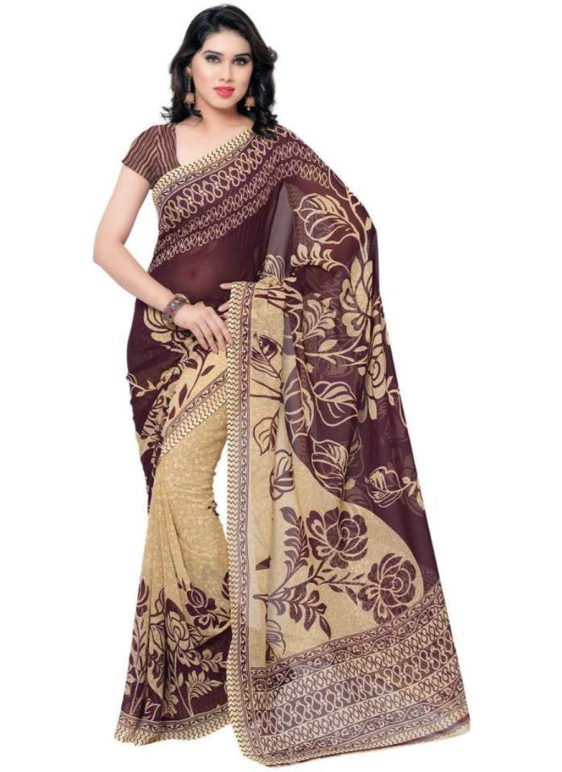 Printed Faux Georgette Wine Color Saree