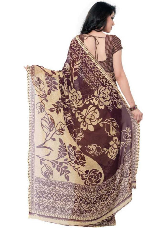 Printed Faux Georgette Wine Color Saree