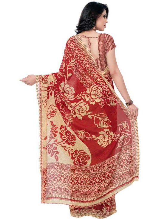 Printed Faux Georgette Red Color Saree