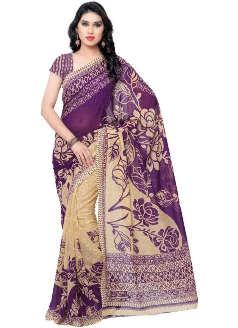 Printed Faux Georgette Purple Color Saree