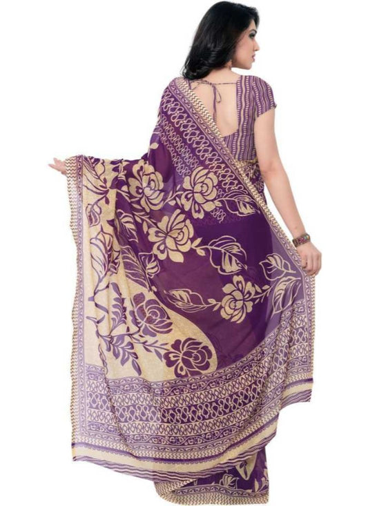 Printed Faux Georgette Purple Color Saree