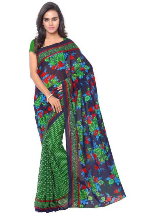 Printed Faux Georgette Green Color Saree