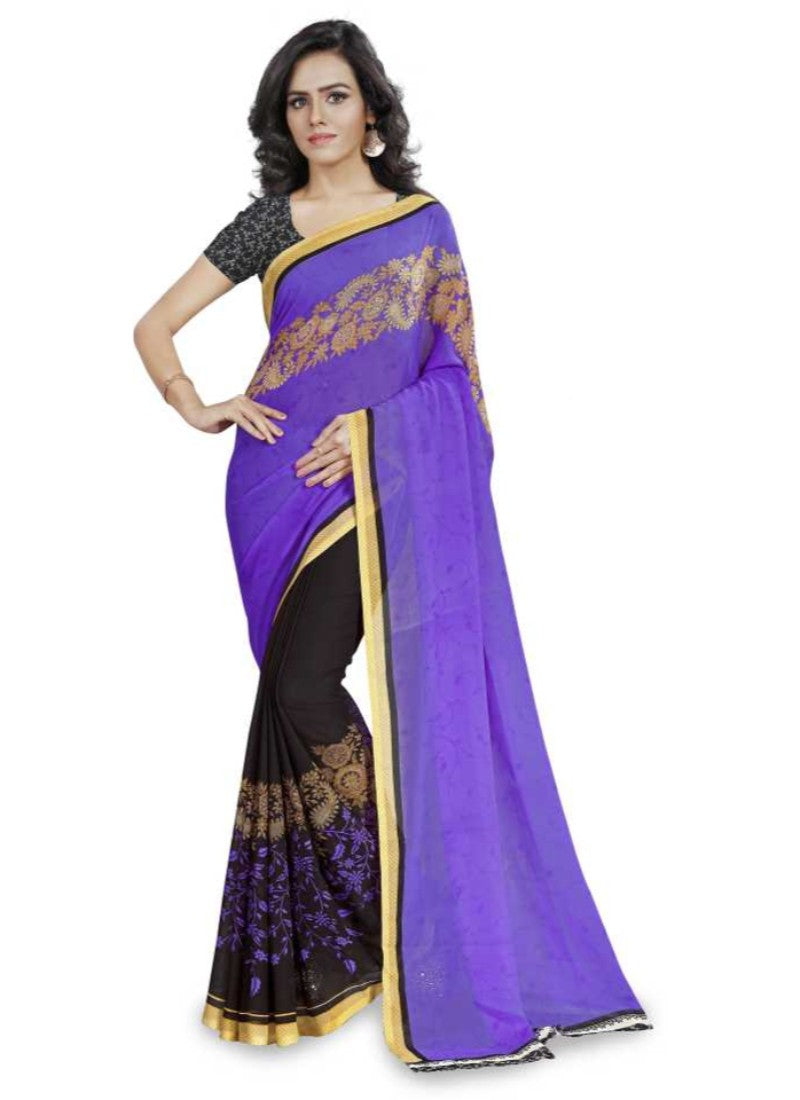 Printed Faux Georgette Purple Color Saree