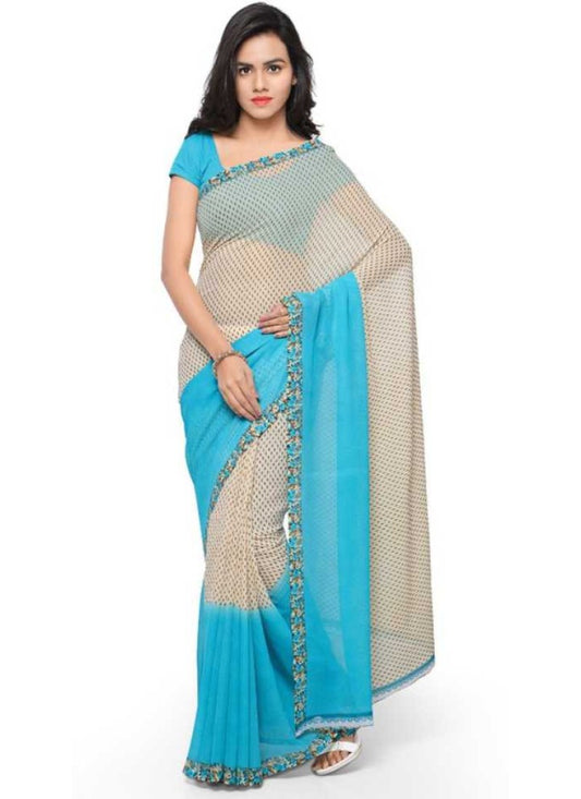 Printed Faux Georgette Blue Color Saree