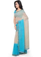 Printed Faux Georgette Blue Color Saree