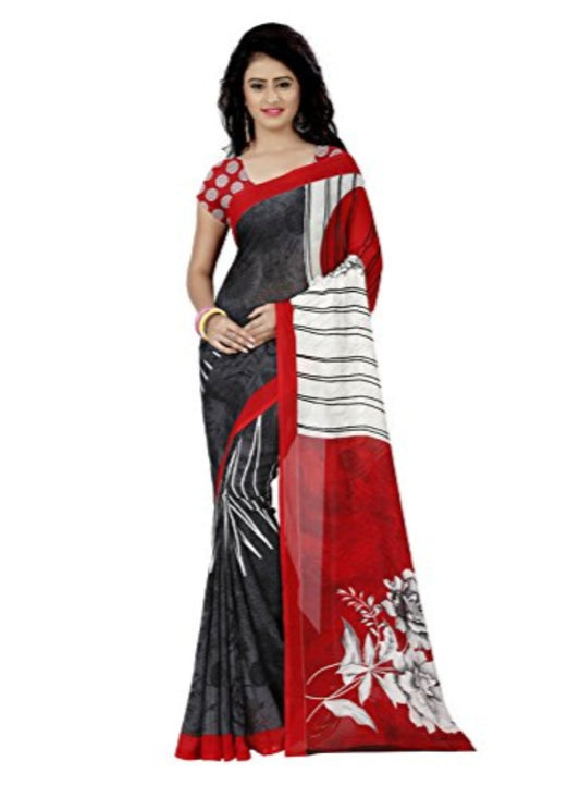 Printed Faux Georgette Red Color Saree