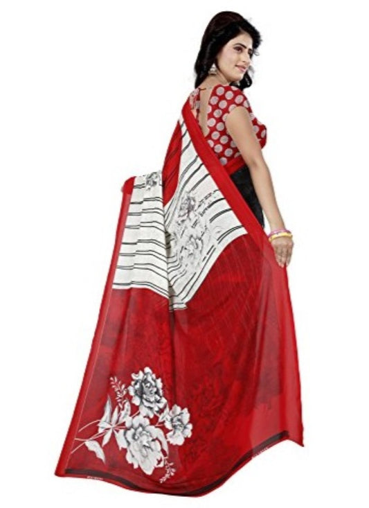 Printed Faux Georgette Red Color Saree