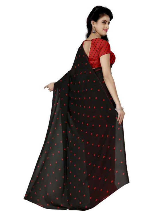 Printed Faux Georgette Red black Color Saree