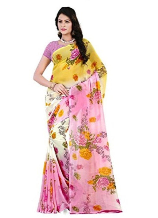 Printed Faux Georgette Pink Color Saree