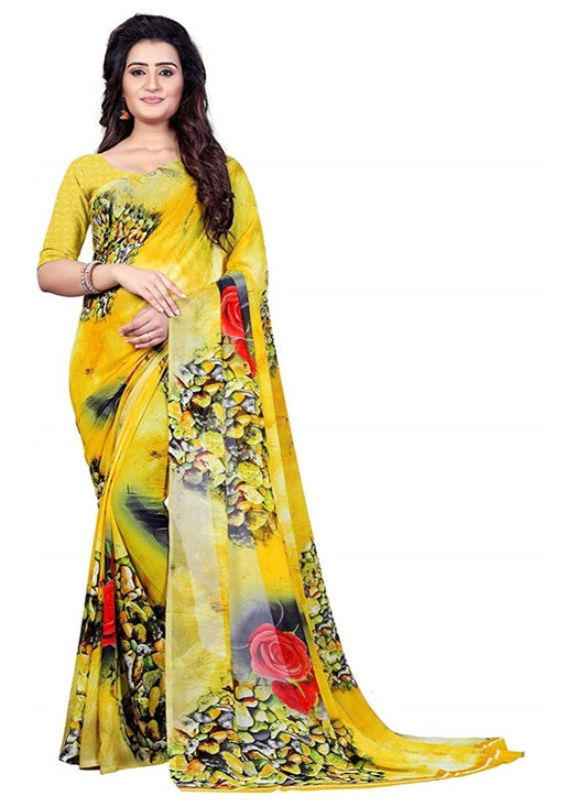 Printed Faux Georgette Yellow Color Saree