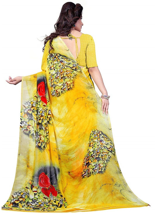 Printed Faux Georgette Yellow Color Saree