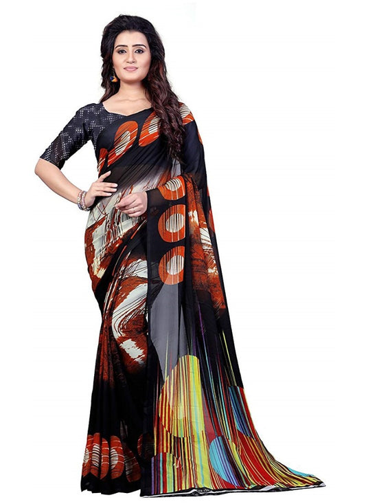 Printed Faux Georgette Black Color Saree