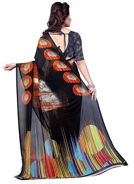 Printed Faux Georgette Black Color Saree