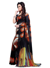 Printed Faux Georgette Black Color Saree
