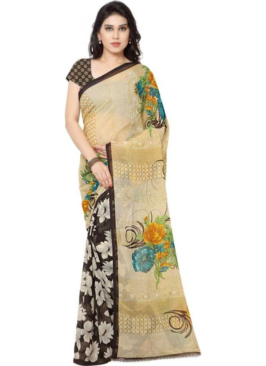 Printed Faux Georgette Brown Color Saree