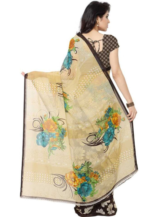 Printed Faux Georgette Brown Color Saree