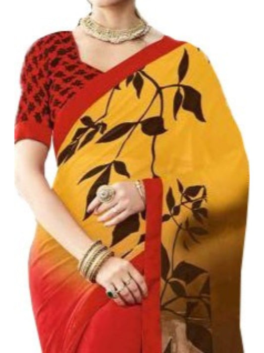 Georgette Digital Printed Saree With Blouse-Red,