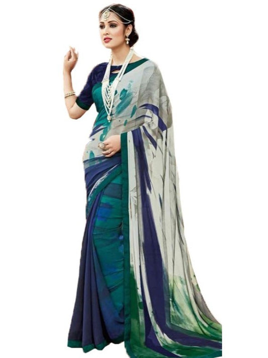 Georgette Digital Printed Saree With Blouse-Blue