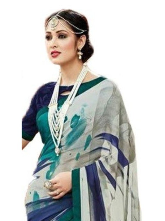 Georgette Digital Printed Saree With Blouse-Blue