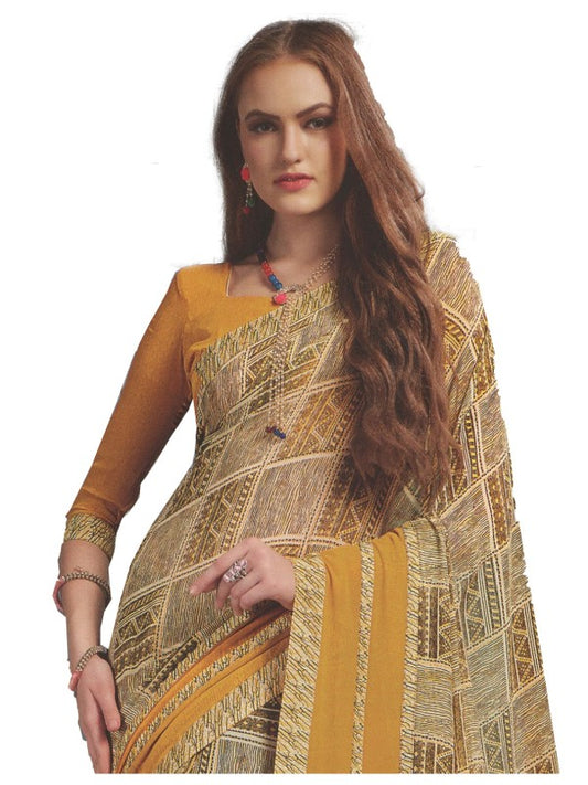 Georgette Digital Printed Saree With Blouse Yellow