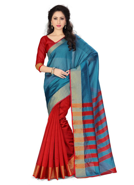 Generic Women's Art Silk Saree (Blue And Red,