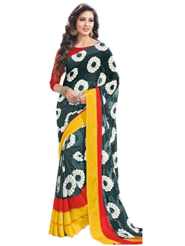 Georgette Digital Saree With Blouse-Green