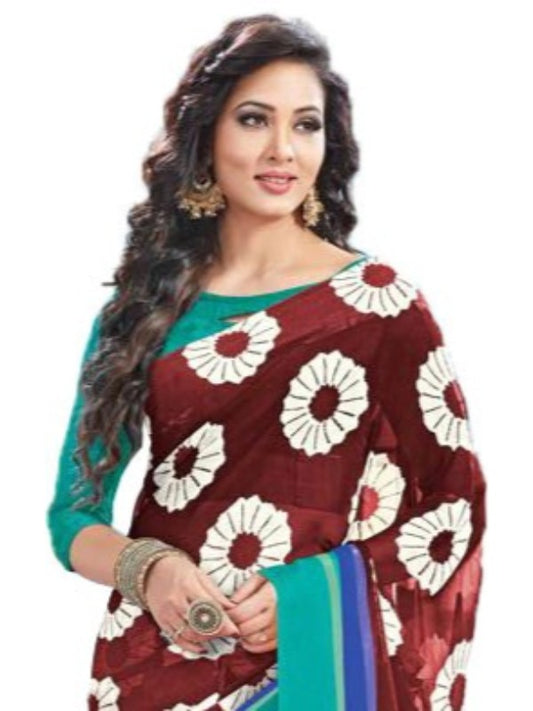 Georgette Digital Saree With Blouse-Brown