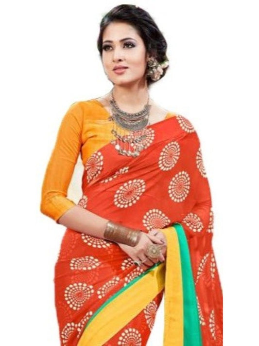 Georgette Digital Saree With Blouse-Red