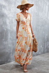 Floral Buttoned Drawstring Waist Tiered Dress