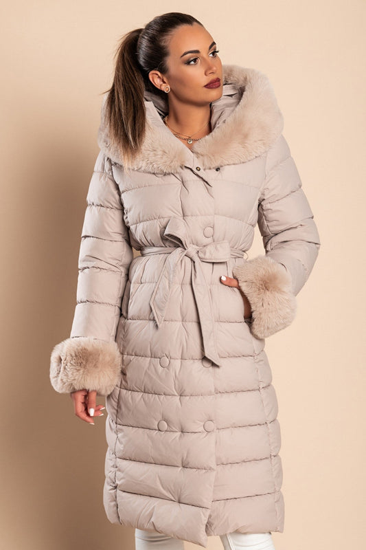 Long padded winter jacket with faux fur, beige