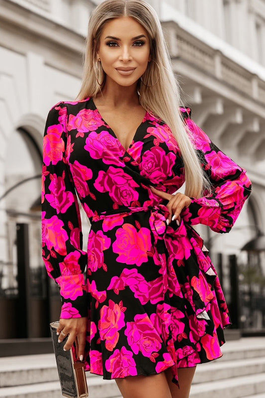 Rose Floral Print V Neck Wrap Bishop Sleeve Ruffle Tiered Mini Dress