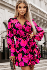 Rose Floral Print V Neck Wrap Bishop Sleeve Ruffle Tiered Mini Dress